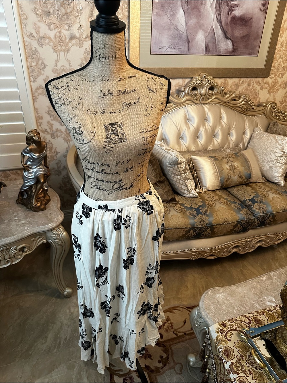 Muse White Maxi Skirt with Black Floral Print